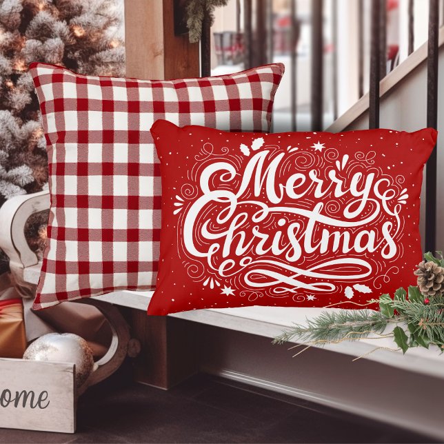 Cojín Decorativo Festividad navideña Festividad roja y blanca (Merry Christmas Festive Red and White Holiday Accent Pillow)