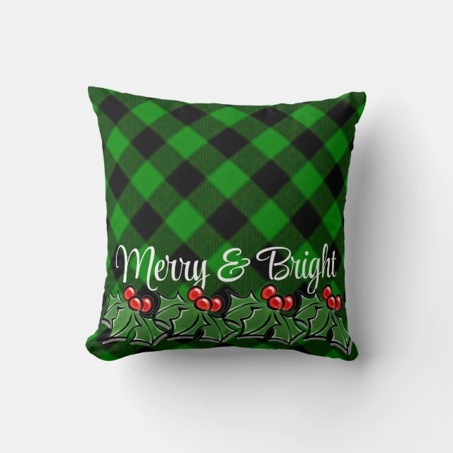 Cojín Decorativo Festividad verde plaid holly hojas bayas (Anverso)