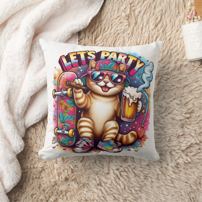 Cojín Decorativo Festividades para gatos con patineta y bebida (Manta)