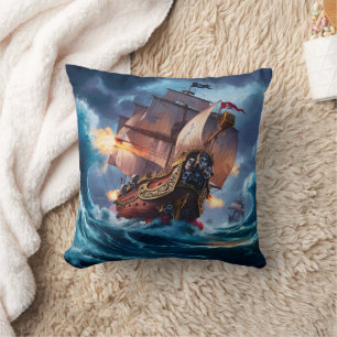 Cojín Decorativo Fiero barco pirata enfrentando mares tormentosos a