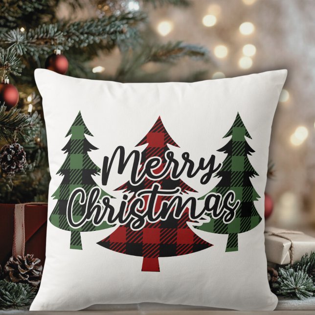 Cojín Decorativo Fiesta de búfalos en árboles navideños (Buffalo Plaid Merry Christmas Trees Holiday Throw Pillow)