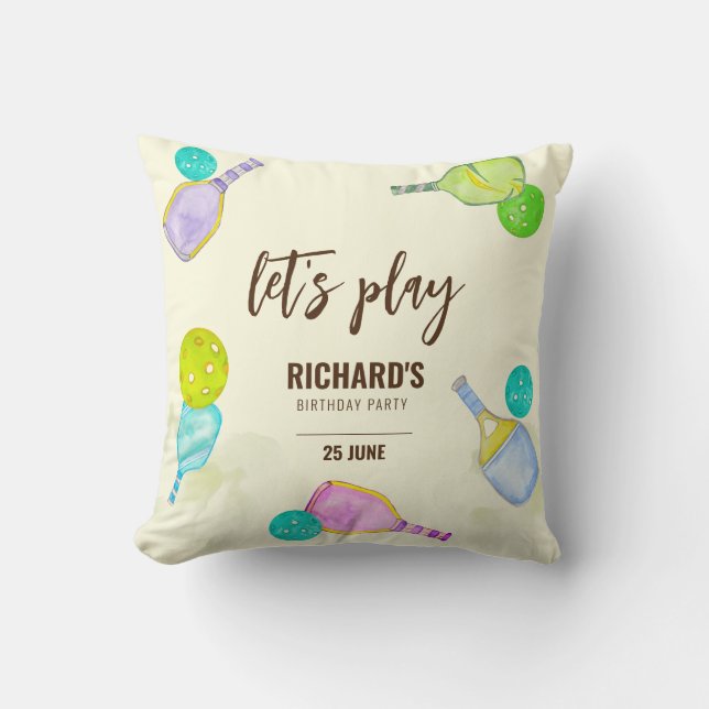 Cojín Decorativo Fiesta de Cumpleaños de Deportes de Pickleball con (Anverso)