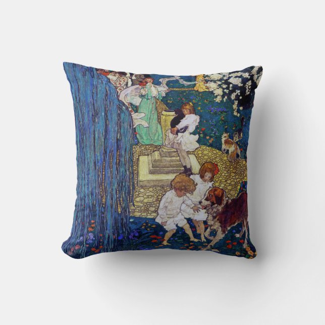 Cojín Decorativo Fiesta de jardín con perro y gato, Jessie Willcox  (Anverso)