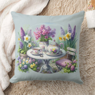 Cojín Decorativo Fiesta de té floral vintage en jardín azul