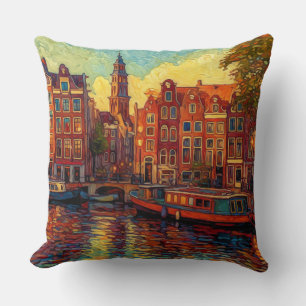 Cojín Decorativo Fila de canales de Ámsterdam   Arte impresionista 