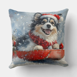 Cojín Decorativo Finnish Lapphund en Trineo Deja que nieve Navidad