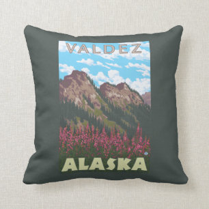 Cojín Decorativo Fireweed y montañas - Valdez, Alaska