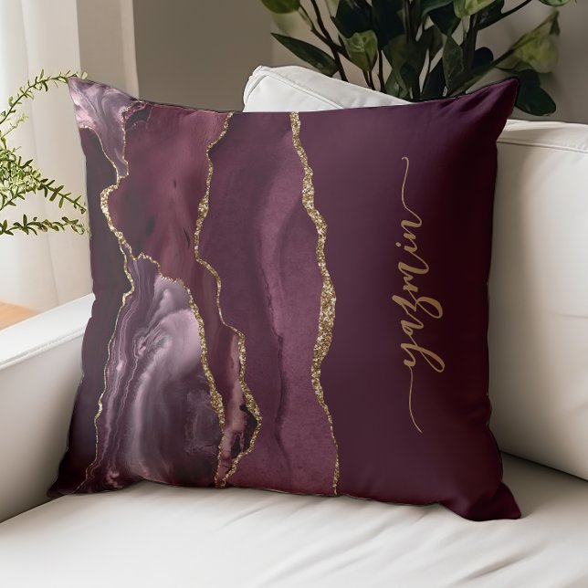 Cojín Decorativo Firma Personalizada Burdeos Rojo Ágata Dorada (Subido por el creador)