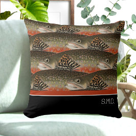 Cojín Decorativo Fisherman Brook Trout Diseño de peces Black White 