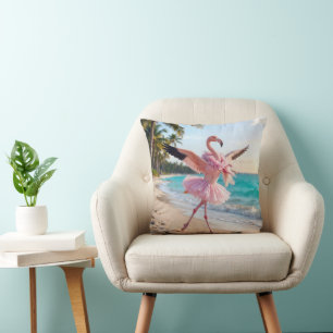 Cojín Decorativo Flamenco Bailarina con Tutú Rosa en la Playa