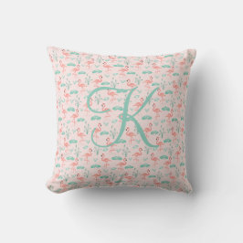 Cojín Decorativo Flamenco Monograma Tropical Pájaros Rosa Verde