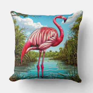 Cojín Decorativo Flamenco rosa de pie en un sereno trópico