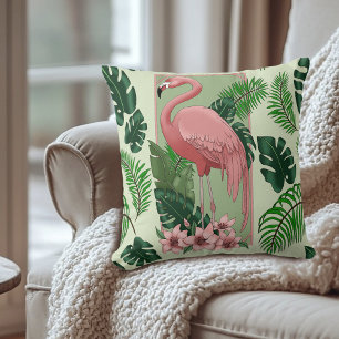 Cojín Decorativo Flamenco Rosa Tropical Hojas de Palma Verde Lirio