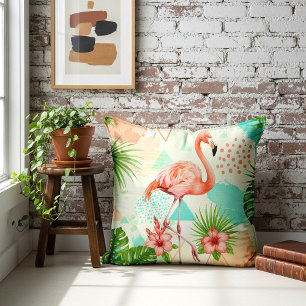 Cojín Decorativo Flamenco Tropical Acuarela y Patrón Geométrico