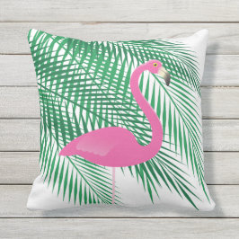 Cojín Decorativo Flamenco y hojas de palma tropicales en el blanco