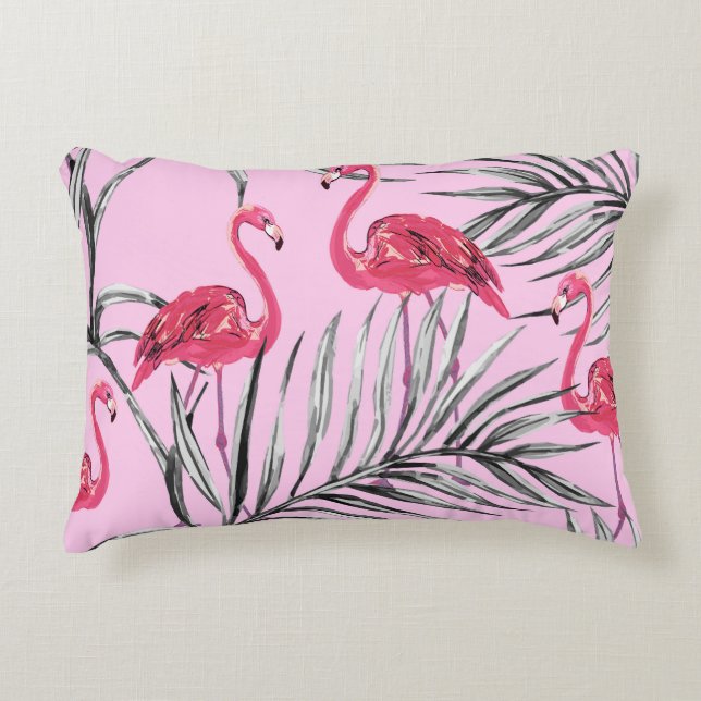 Cojín Decorativo Flamencos, patrón de cosecha de acuarela tropical. (Anverso)