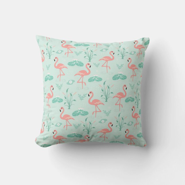 Cojín Decorativo Flamencos Rosa Verde Aves Tropicales (Anverso)