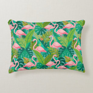 Cojín Decorativo Flamencos rosados tropicales follaje de la selva