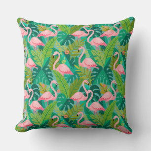 Cojín Decorativo Flamencos rosados tropicales follaje de la selva