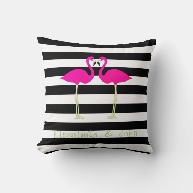 Cojín Decorativo Flamencos rosas, negro, franjas blancas personaliz (Anverso)