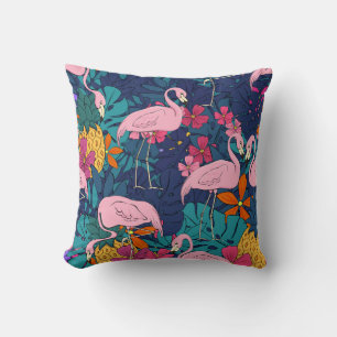 Cojín Decorativo Flamencos sobre un fondo de hojas tropicales y f
