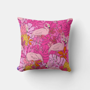Cojín Decorativo Flamencos sobre un fondo de hojas tropicales y f
