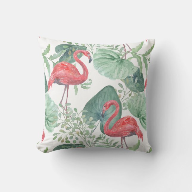 Cojín Decorativo Flamencos y hojas rosadas. (Anverso)