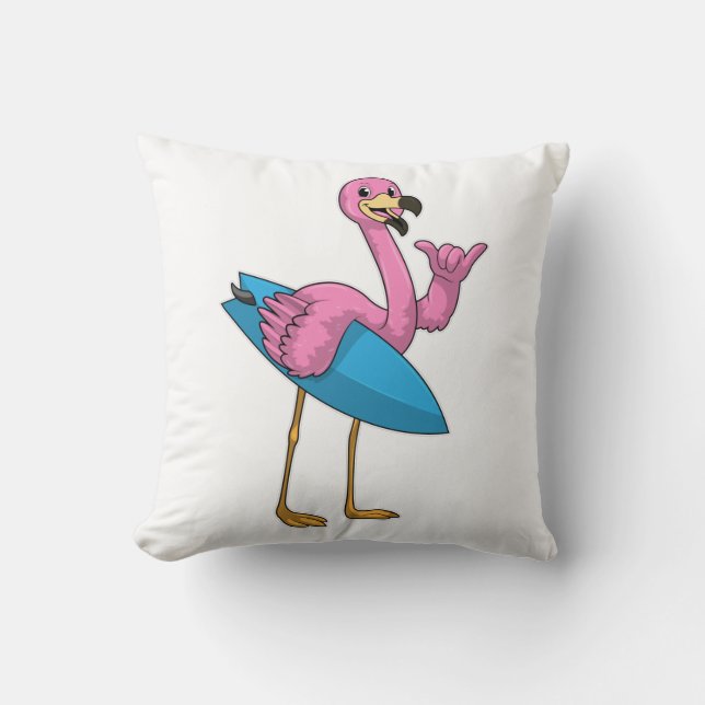 Cojín Decorativo Flamingo como surfista con Surfboard (Anverso)