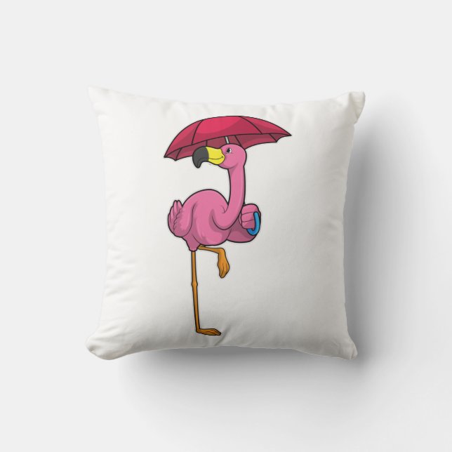 Cojín Decorativo Flamingo en la lluvia con paraguas (Anverso)