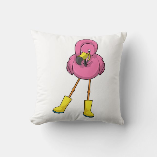 Cojín Decorativo Flamingo en Lluvia con botas de goma (Anverso)