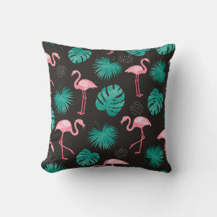 Cojín Decorativo Flamingo, hojas de palma: acuarela tropical.