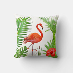 Cojín Decorativo Flamingo Rojo, Hibiscus y hojas de palmeras tropic