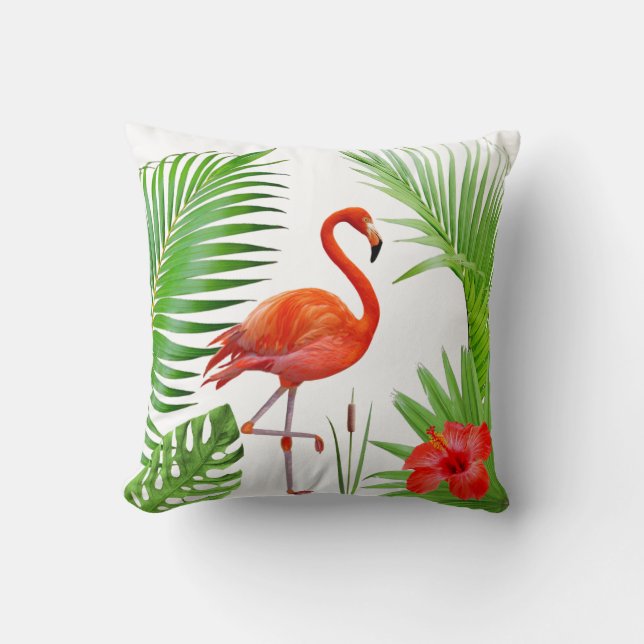 Cojín Decorativo Flamingo Rojo, Hibiscus y hojas de palmeras tropic (Anverso)