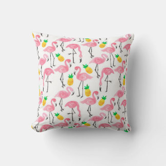 Cojín Decorativo Flamingo rosa de color de agua y piña amarilla