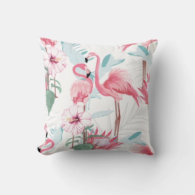 Cojín Decorativo Flamingo Rosa: Flores Exóticas Sin Marea. (Anverso)
