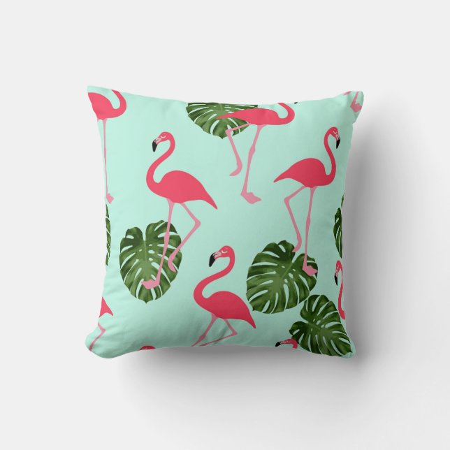 Cojín Decorativo Flamingo rosa hoja verde tropical reversible (Anverso)