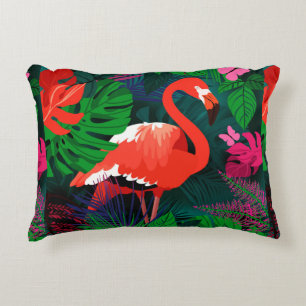 Cojín Decorativo Flamingo rosa. Hojas tropicales, mariposa rosada,