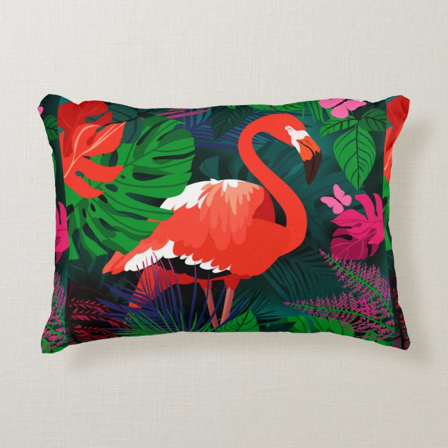 Cojín Decorativo Flamingo rosa. Hojas tropicales, mariposa rosada,  (Anverso)