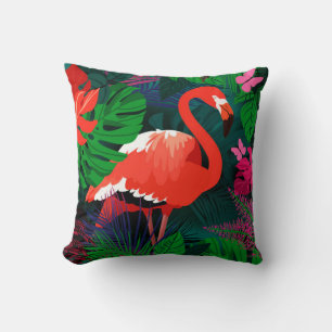Cojín Decorativo Flamingo rosa. Hojas tropicales, mariposa rosada,