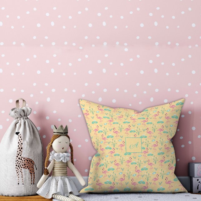 Cojín Decorativo Flamingo rosa lindo patrón amarillo inicial (Subido por el creador)