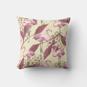 Cojín Decorativo Flamingo rosa tropical, patrón leopardo.
