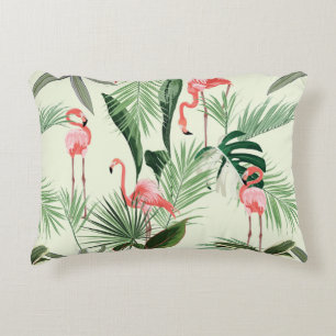 Cojín Decorativo Flamingo rosa y flores exóticas, hojas de palma. F