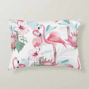 Cojín Decorativo Flamingo rosa y flores exóticas, hojas de palma, w