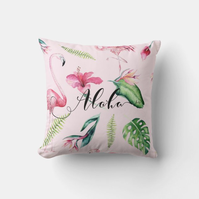 Cojín Decorativo Flamingo Rosado Tropical Aloha Hibiscus Summer (Anverso)