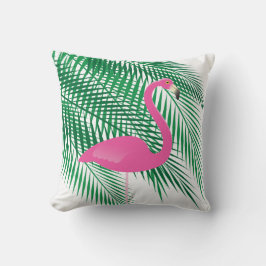 Cojín Decorativo Flamingo tropical y hojas de palma en blanco