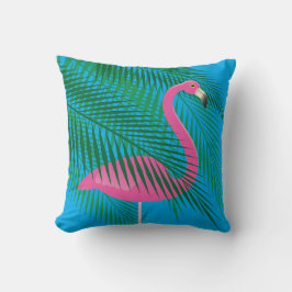 Cojín Decorativo Flamingo tropical y hojas de palma en cielo azul