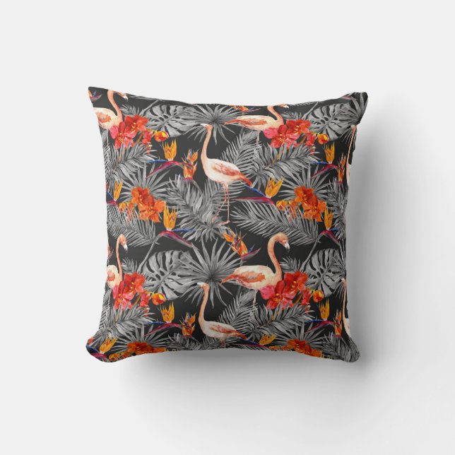 Cojín Decorativo Flamingo y flores, patrón monocromo. (Anverso)