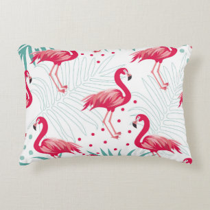 Cojín Decorativo Flamingo y hojas tropicales, patrón de verano.