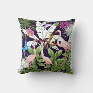 Cojín Decorativo Flamingos, plantas tropicales: patrón vintage.