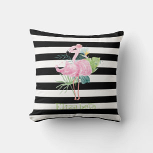 Cojín Decorativo Flamingos Rosas, Hojas Tropicales Rayas Negras